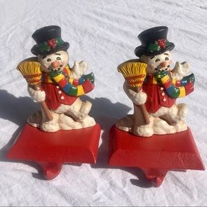 2 Cast Iron Christmas Snowman Stocking Holders